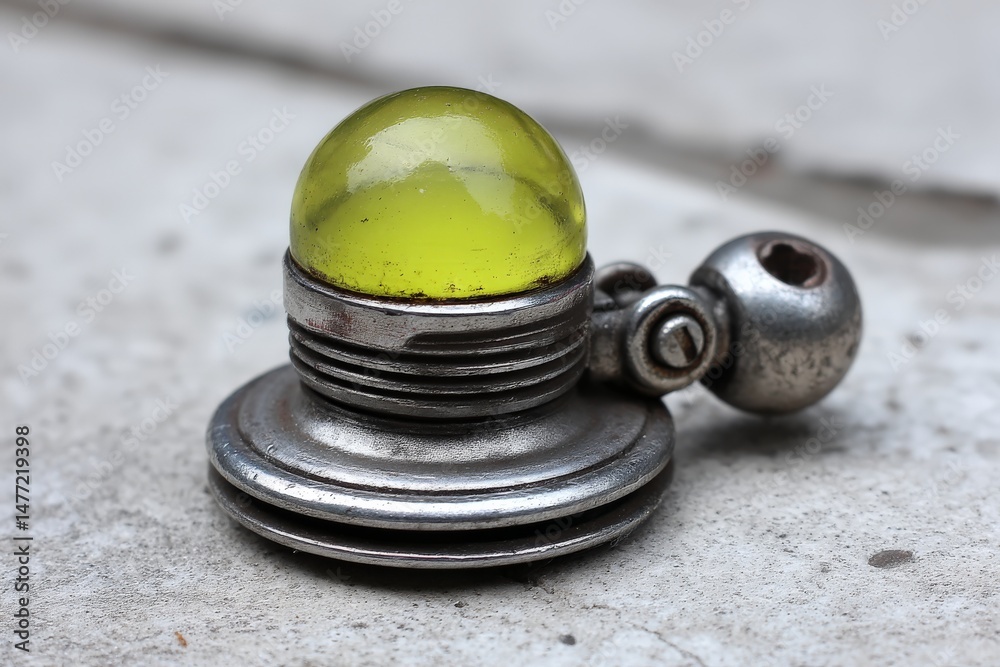 Poster detailed close-up of a vintage object with a yellow glass top, resting on a concrete surface during 