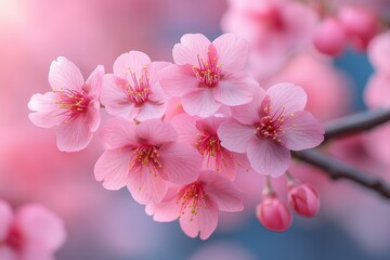 Obraz premium Beautiful cherry blossoms blooming in spring, showcasing delicate pink flowers and vibrant details during a sunny day in a serene garden
