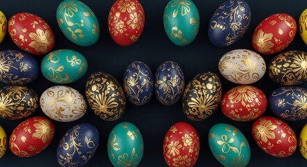 Fototapeta premium Colorful Ornate Easter Eggs on Dark Background