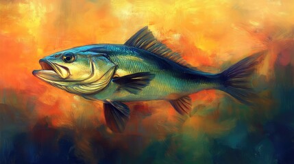 Fototapeta premium Precise image of sea bass with subtle highlights and shadows on orange