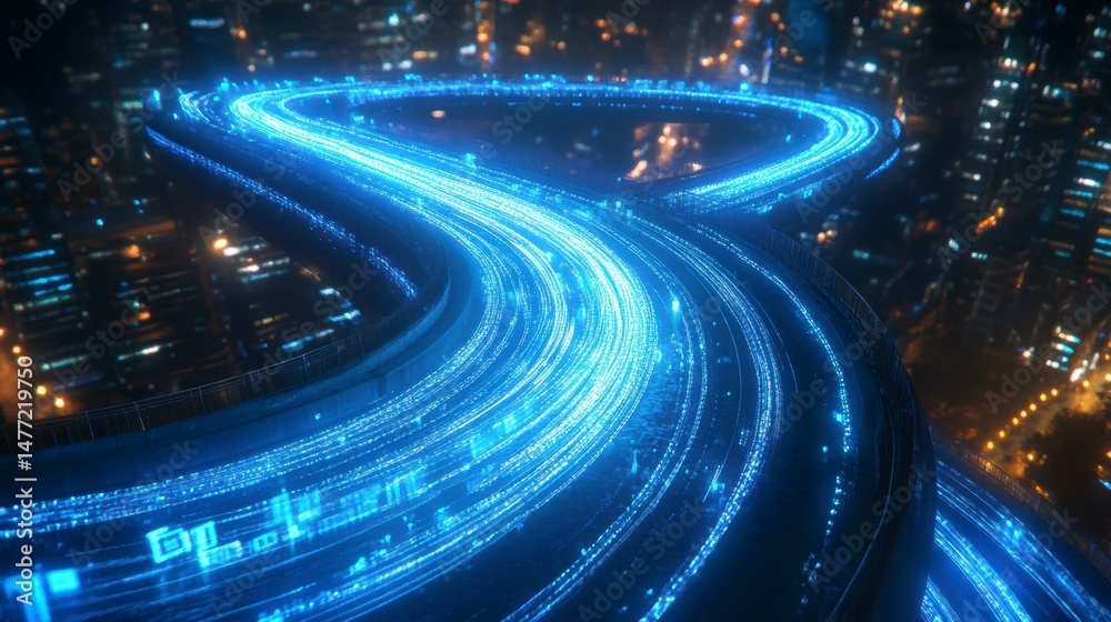 Aufkleber futuristic highway with glowing blue light trails at night, representing data flow and digital conne