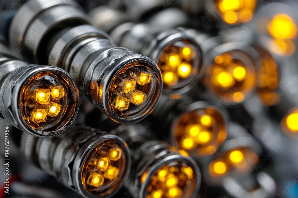 Poster close-up view of illuminated led bulbs showcasing intricate design and bright yellow light during du