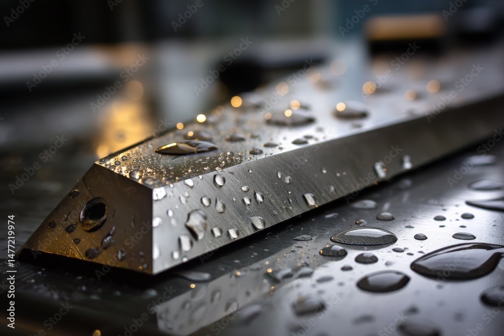 Poster close-up view of a metal surface adorned with droplets of water highlighting texture and reflections