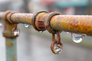 Rusty pipe with droplets reflecting surroundings in a rainy environment