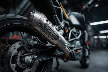 Obraz premium Close detail of a motorcycle exhaust in an industrial workshop during the evening