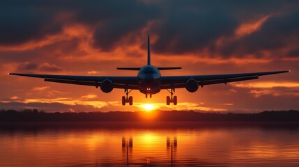 Passenger airplane landing at sunset over water