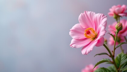 a close up view of a single pink flower with yellow stamens, situated in what appears to be a well manicured garden setting