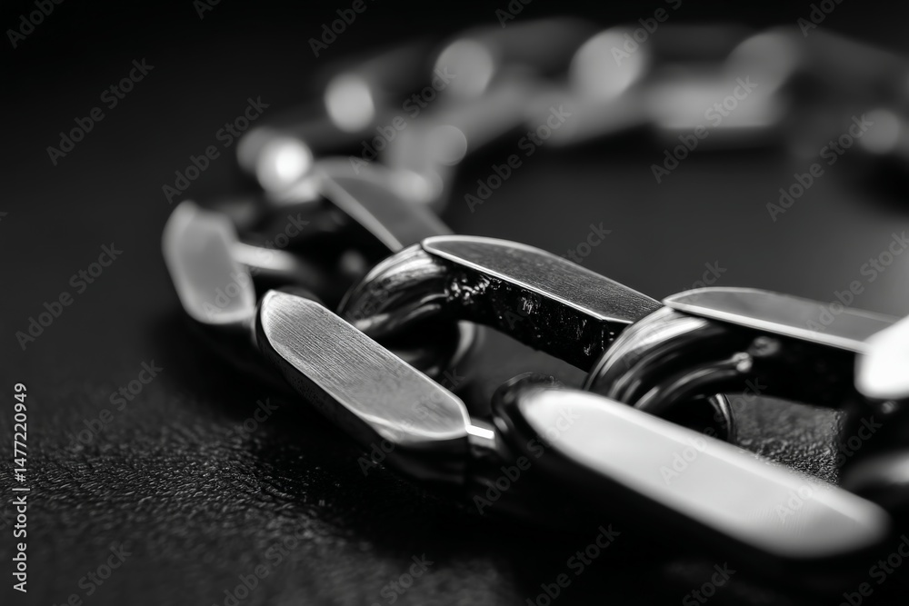 Fototapete close-up view of metallic chain links resting on a dark surface, highlighting texture and detail in 