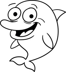  Funny cartoon dolphin coloring book for kids. Contour image of a smiling dolphin with big eyes and a kind expression. A black-and-white illustration for children's creativity and educational tasks.