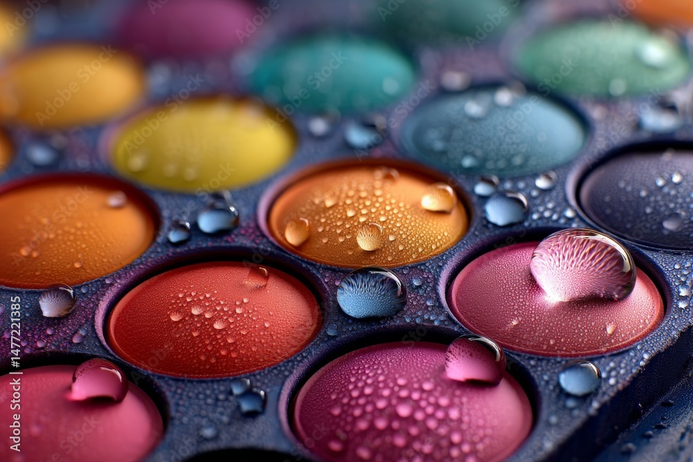 Aufkleber colorful watercolor palette with droplets of water on the surface in an artistic setting during dayl