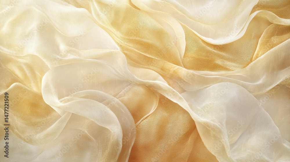 Poster draped beige and gold sheer fabric with soft folds and texture.