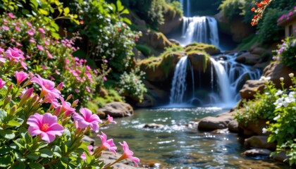 Fototapeta premium a serene natural setting with a beautiful waterfall as the centerpiece. a cascading waterfall flows over a rocky terrain, surrounded by lush greenery