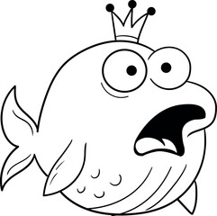 An illustration of a cartoon whale wearing a crown. Black and white illustration of a whale with a crown on its head and a surprised expression on its face. Marine-themed coloring book for children.