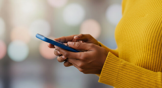 Woman's hands holding and interacting with a blue mobile phone