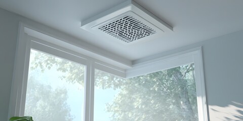 Fototapeta premium Modern fresh air ceiling vent seen from below in minimalist corner. Nearby window shows blurred trees. Bright daylight lights white ceiling and adjacent wall.