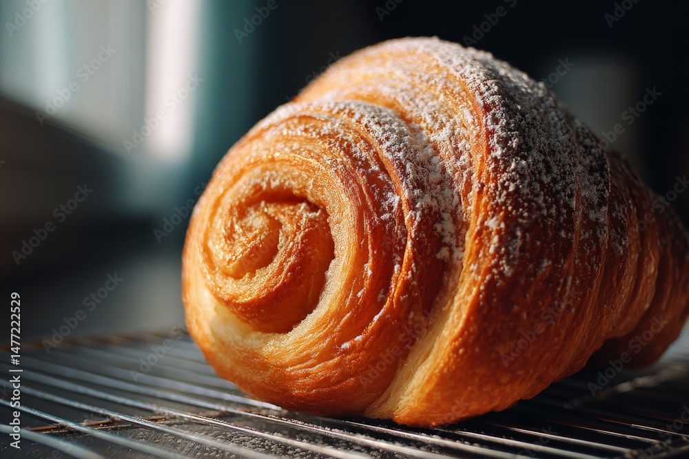 Poster crescent shaped pastry with a golden crust sits on a cooling rack near a window in the afternoon lig