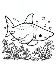 Fototapeta premium Cartoon Shark Surrounded by Hearts and Plants in Black and White Outline