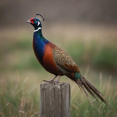 Ring-necked Pheasant bird on piece of wood.