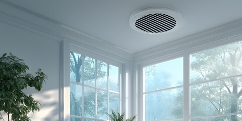 Fototapeta premium Modern fresh air ceiling vent seen from below in minimalist corner. Nearby window shows blurred trees. Bright daylight lights white ceiling and adjacent wall.