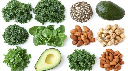 op-down view of organic ingredients on a white background, avocado, kale, quinoa, nuts, labeled clean food, superfood lifestyle