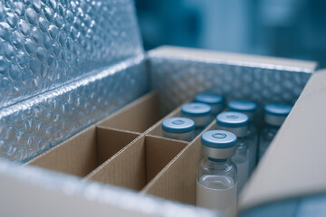 Vaccine vials packed carefully in production facility box ready for safe transport and storage ensuring quality and effectiveness