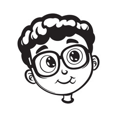 Cute cartoon boy with glasses, black vector illustration.