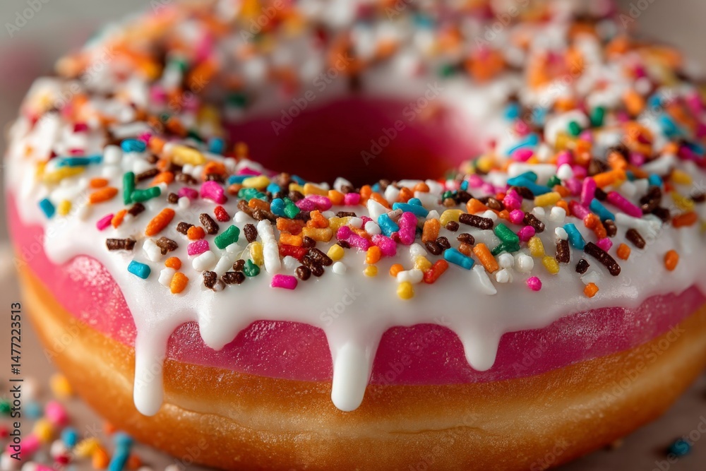 Poster deliciously frosted donut with vibrant sprinkles served on a colorful background