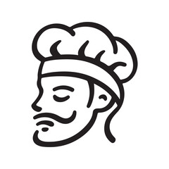A logo depicting a side view of a chef, with a chef's hat and handlebar mustache