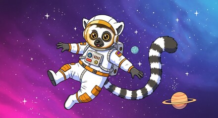 Cute Lemur Astronaut Floating in Space