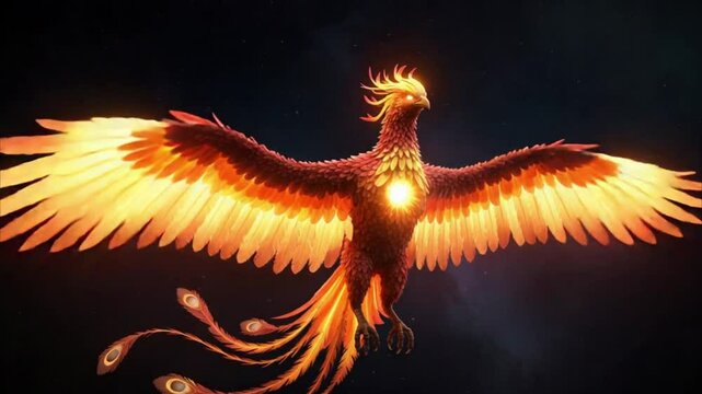 3D flame-colored 'PHOENIX' with glowing wings &mdash; mythical and eternal.