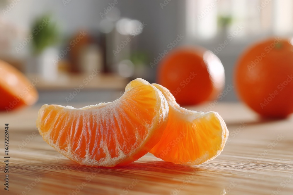 Poster Close up of fresh orange segments with whole oranges in the background on a kitchen table setting