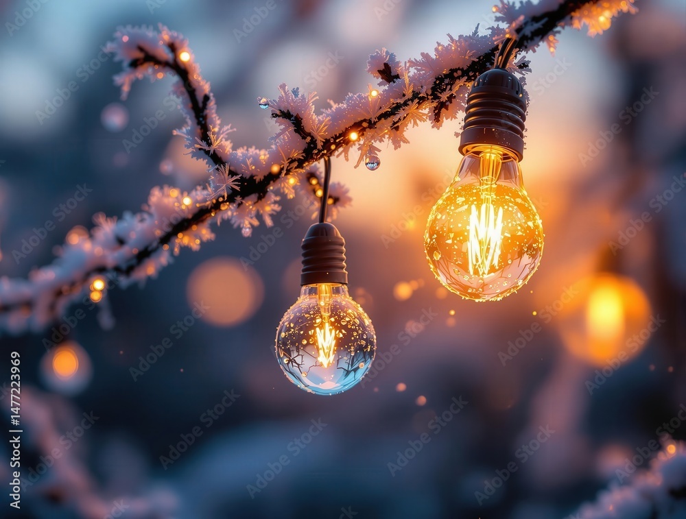 Leinwandbilder string of lights on tree branches covered in snow.