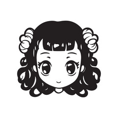 Cute Dark Anime Girl with Horns, Vector Illustration. Black Silhouette on white Background.