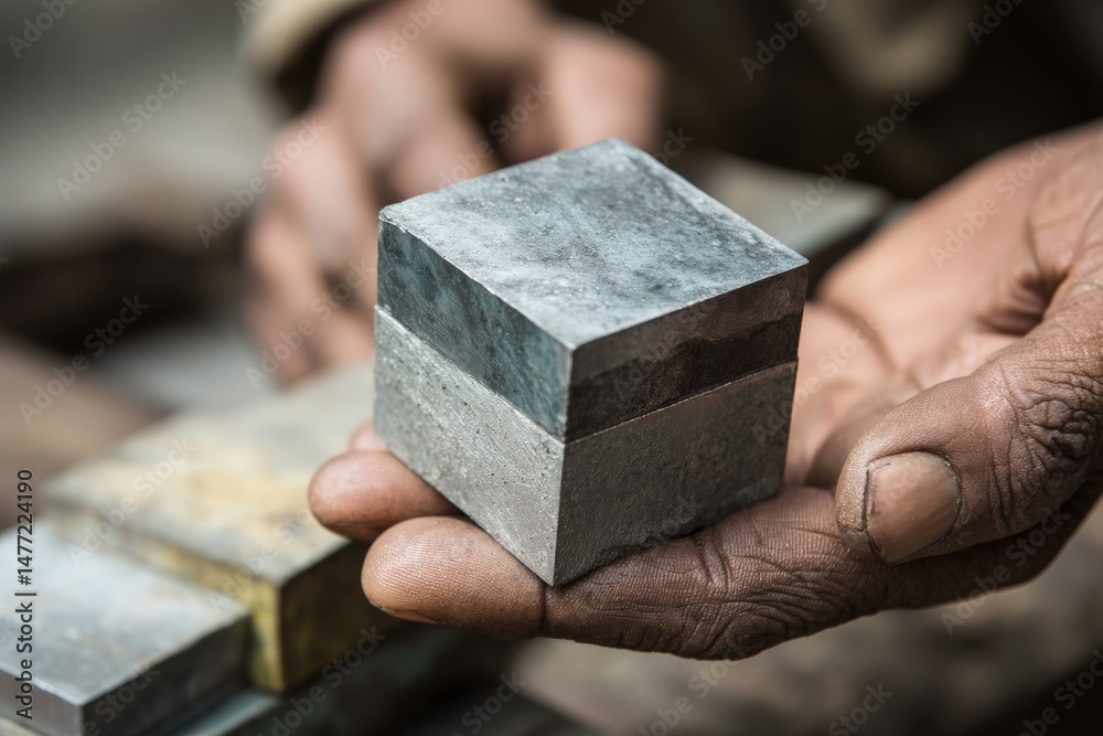 Poster skilled artisan holds a polished stone cube in hand during crafting activity in a workshop