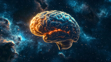The brain in the vast cosmic space, glowing with various neurons, surrounded by cosmic magic.