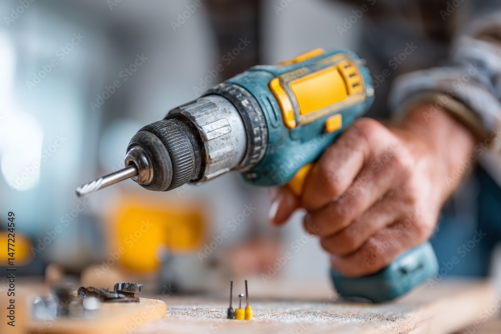 Poster Worker uses drill to complete woodworking project in workshop on a sunny day