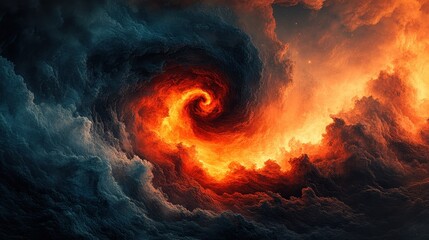 Fiery spiral in dark clouds, abstract art