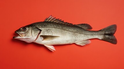 Obraz premium Striped sea bass angled creatively on solid orange backdrop
