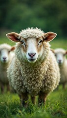 Fototapeta premium Cream Fluffy Sheep in Green Meadow Eye Level Portrait with Two Other Sheep Grazing