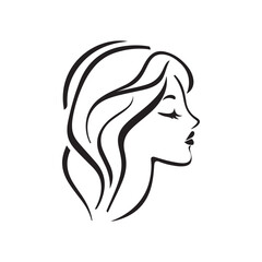 Elegant woman profile, black and white vector illustration, minimalist style, beauty, hair, face.