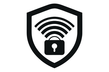 Secure Network Shield with Padlock and Wireless Signals, Black and White Icon