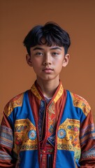 Tibetan male teen wearing ethnic fusion streetwear on a ochre background