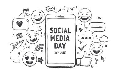 Monochrome doodle art for Social Media Day on a smartphone screen