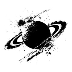 Textured space planet icon with curved ring and dynamic splatter style in high-contrast black and white