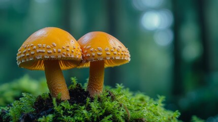 Fototapeta premium Two orange-capped mushrooms on mossy surface in forest, soft lighting adds dreamy, mystical vibe.