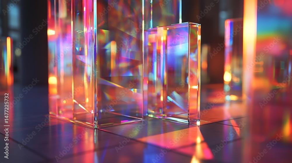 Poster prismatic geometry: iridescent interplay of light and form in clear structures