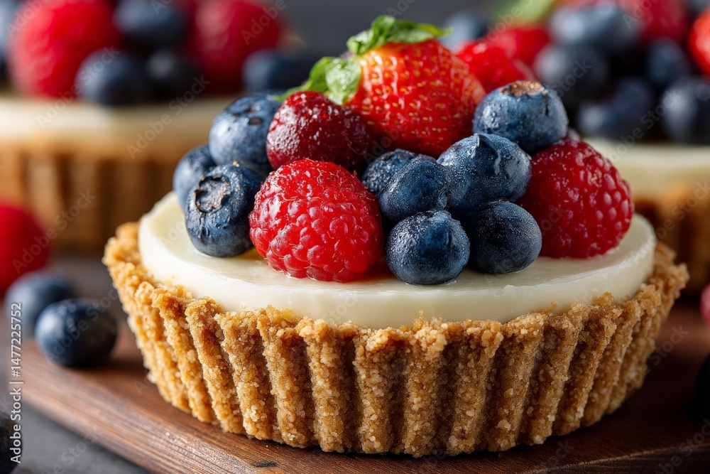 Poster delicious tart topped with fresh berries in a rustic setting during daytime