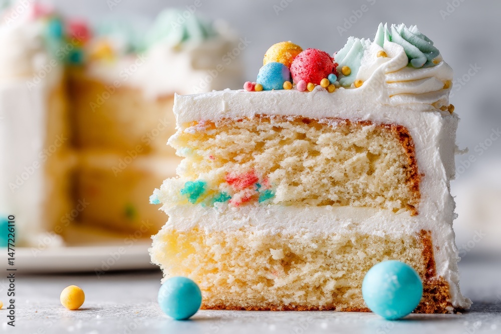 Poster delicious slice of festive cake with colorful sprinkles set against a blurred background of the whol