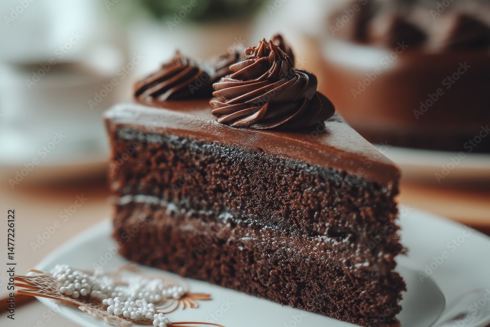 Poster indulgent chocolate cake slice on a plate with decorative elements in a cozy cafe setting