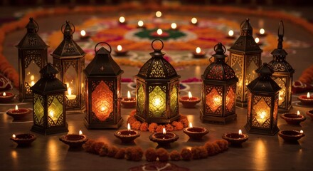 Glowing Lanterns and Clay Lamps with Floral Garland Display